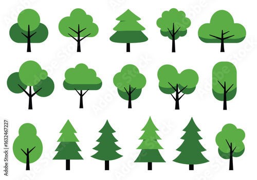 Collection of diverse tree illustrations isolated on white background, showcasing various shapes and styles for naturethemed designs and educational resources