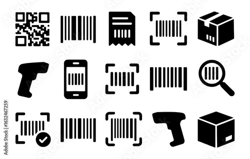 Barcode icon set featuring qr codes and scanner devices in black