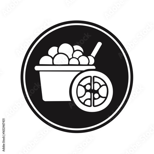 Icon of a bucket filled with round objects and a wheel
