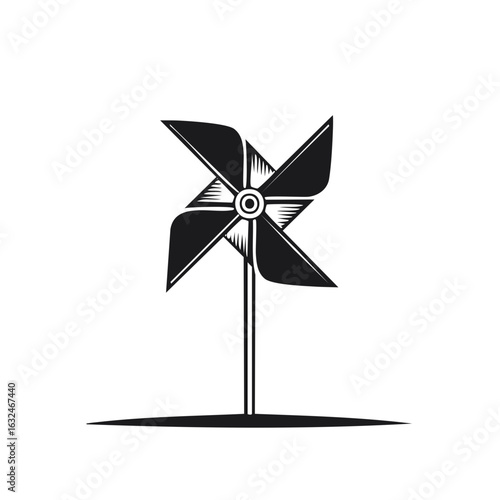Black and white illustration of a pinwheel with four blades spinning
