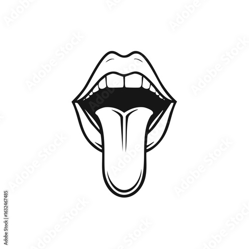 Stylized open mouth with tongue sticking out illustration shows teeth and the uvula on a white background