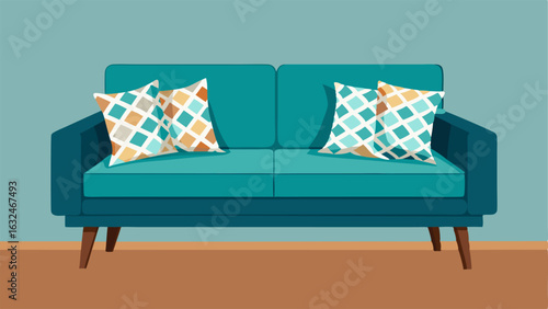 A lowslung velvet sofa with a mix of patterned throw pillows and a distressed wood coffee table.