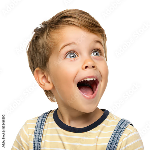 Boy child and surprise is looking up with shock expression png amazed young boy png surprised child looking upward png shock and awe in child's face png emotional reaction png transparent background