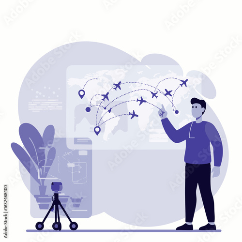 A modern illustration of a person managing global travel logistics or business connections on a digital world map with interconnected flight routes.