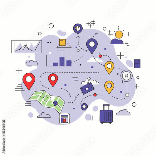 A vibrant vector illustration depicting seamless travel planning and intricate logistics, integrating a map with location pins, a suitcase, and analytical data charts.