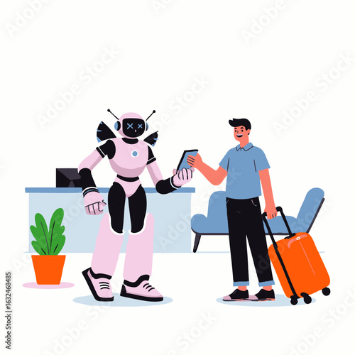 A futuristic pink robot provides seamless automated assistance to a smiling male traveler holding an orange suitcase at a modern airport check-in counter.