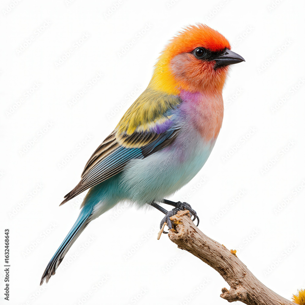 Fototapeta premium Vibrant Tanager on Branch: A brilliantly colored tanager perches delicately on a slender branch, showcasing a vivid spectrum of colors in this detailed photorealistic depiction of avian beauty.