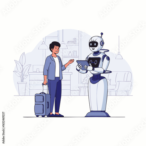 A traveler with luggage interacts with an advanced humanoid robot holding a tablet, symbolizing futuristic customer service and technological assistance in modern travel.