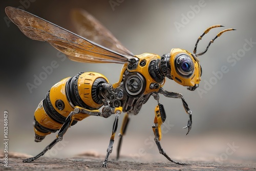 Robotic bee yellow mechanical insect with intricate metallic details translucent wings standing on a textured surface