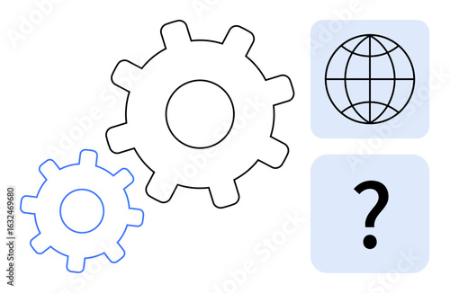 Gears interlocked for collaboration, globe for global networking, and question mark for inquiry. Ideal for teamwork, problem-solving, global thinking, technology, innovation, brainstorming