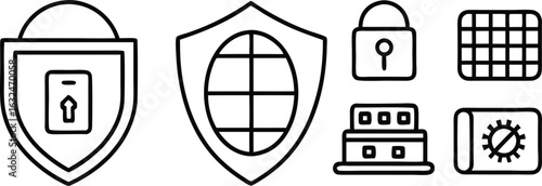 Collection of security and protection icons with shield, lock, and safe outline vector