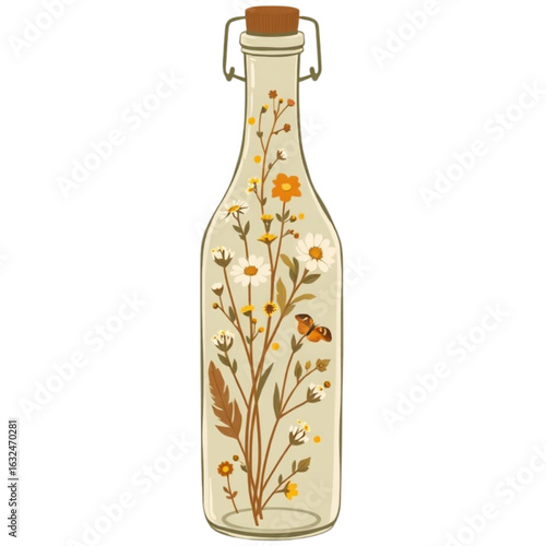Glass bottle with flowers and feathers inside