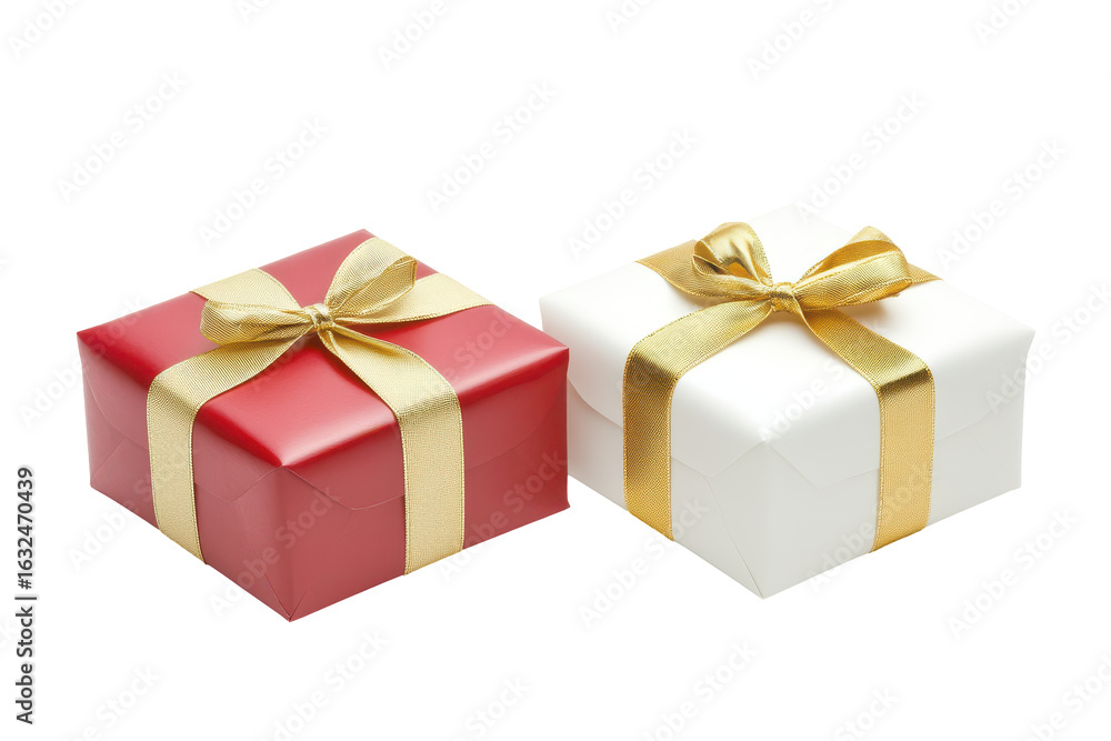 Fototapeta premium Two festive gift boxes with gold ribbon isolated on transparent background. Two white and red gift box with gold ribbon isolated on white background.