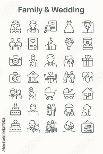 A collection of thin line icons representing family and wedding themes, including symbols for marriage, love, home, and relationships.