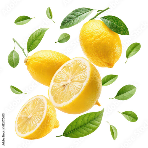 Wallpaper Mural Collection of flying ripe juicy yellow lemons, fresh citrus fruit isolated on transparent background, vibrant lemon slices, refreshing and zesty, tropical fruit art, green leaves Torontodigital.ca