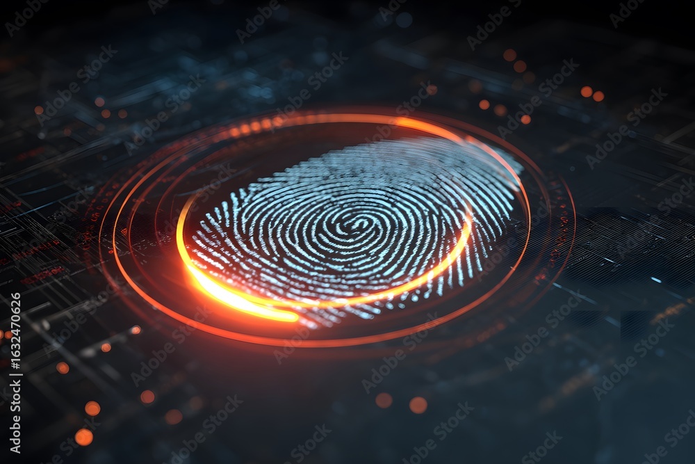 Obraz premium Unlock digital security with this vibrant fingerprint scan, perfect for illustrating cybersecurity, identity verification, and cutting-edge technology solutions