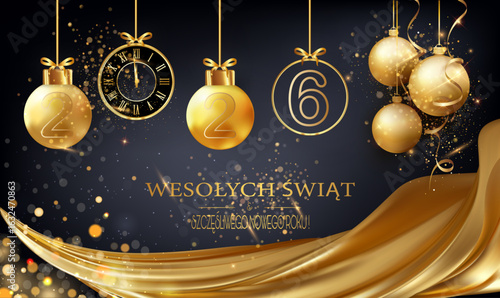kartka lub baner na obchody Wesołych Świąt Bożego Narodzenia i Szczęśliwego Nowego Roku 2026 w kolorze złotym na czarnym tle z draperią, bombkami, brokatem, okręgami bokeh i złotym zegarem