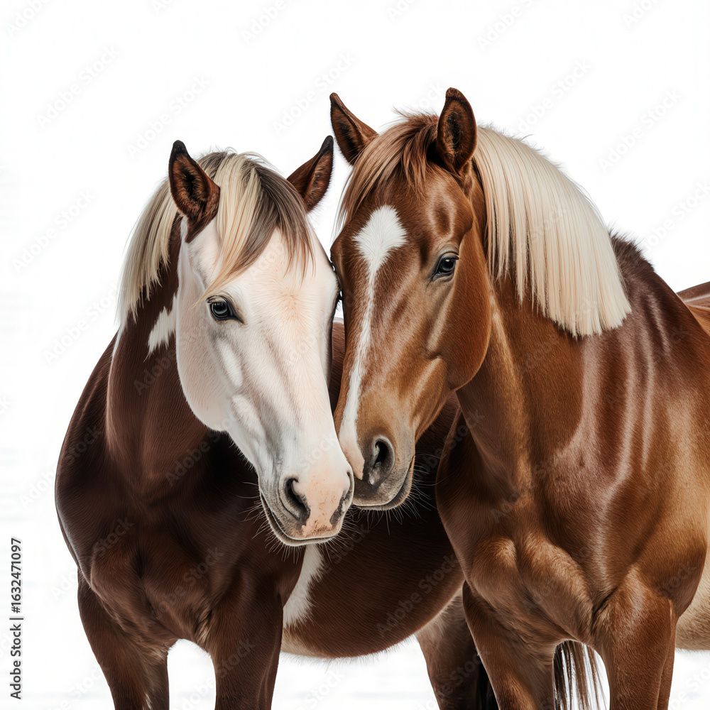 Obraz premium Equestrian Companions: A captivating portrait of two majestic horses, their heads gently nuzzled together. Displaying the deep bond and friendship. The stunning equine duo exudes elegance.