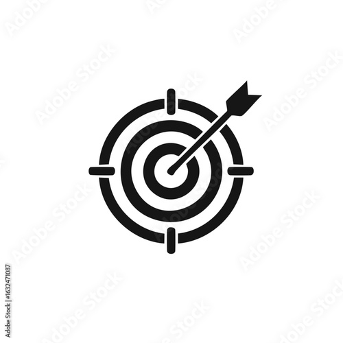Black and white illustration of a target with an arrow hitting the bullseye representing success and focus