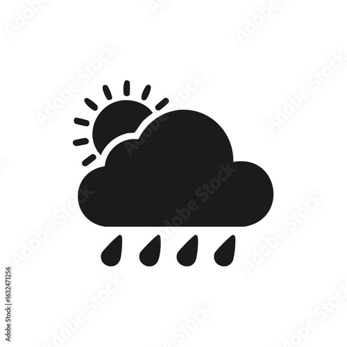 Sun peeking through a rainy cloud with falling raindrops, weather icon.