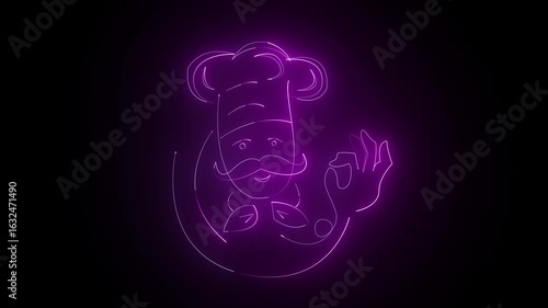 Purple Neon Chef Character Waving Gesture Animation on Dark Background (4K Seamless Loop)