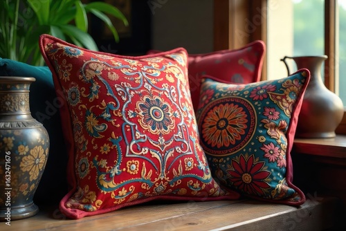 Intricate paisley patterns adorn a plush velvet cushion, nestled amongst other home decor items on a rich wooden surface A warm, inviting indoor scene , elegant, cushion