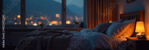 Soft, warm bedside lamp illuminates a cozy bedroom at night, casting gentle shadows on the walls Perfect for relaxation and sleep , dark, ambient, serene