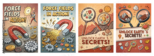 Set of four posters featuring comic-style illustrations of force fields magnets and magnifying glasses