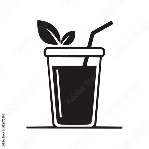Minimalist glyph icon of a healthy drink in a takeaway cup with a straw and leaf garnish