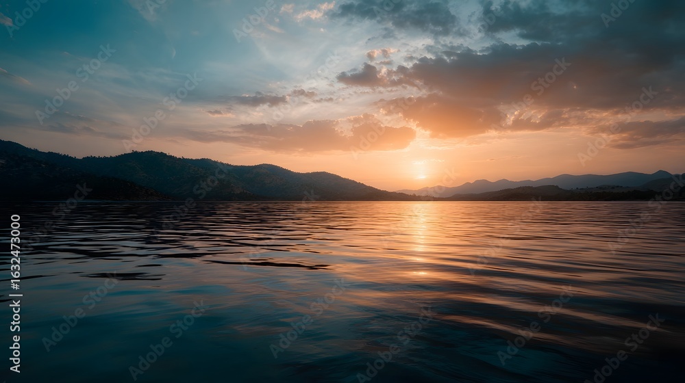 Fototapeta premium Peaceful sunset over a serene mountain lake