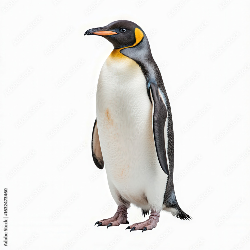 Fototapeta premium Majestic Penguin in Portrait: A regal penguin stands tall, its sleek, black and white plumage, contrasting with its bright yellow markings, creating a striking image of Antarctic elegance.