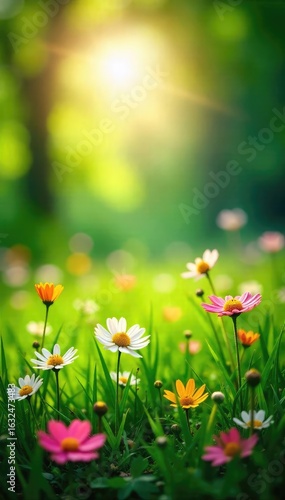 A vibrant spring meadow bursting with wildflowers and lush green grass, sunlight dappling through the leaves, conveying a sense of carefree joy and renewal , countryside, landscape