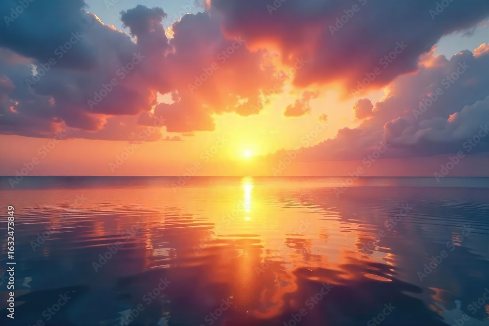 Obraz premium Serene sunrise over tranquil water, reflecting inner peace and spiritual awakening Perfect for meditation, mindfulness, yoga, and self-discovery themes , stillness, journey, tranquility