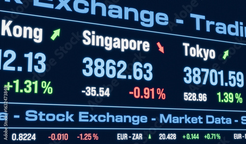 Singapore index moving down. Stock exchange, trading board, market data, business, investment, currency information.