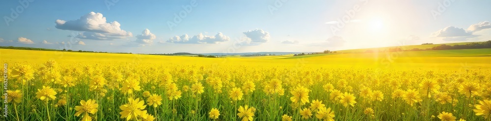 Fototapeta premium Golden fields of vibrant rapeseed flowers blooming under the bright spring sun, a breathtaking landscape of yellow blossoms stretching to the horizon , agricultural field, rural, golden