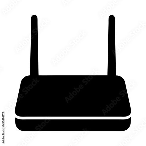 Black and white illustration of a wireless router device with two antennas