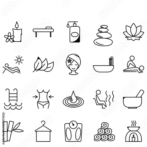 Grid of  black outline spa and wellness icons – massage, aromatherapy, skincare, hot tub, steam room, relaxation, lotus, candle, stones, body care, and wellness services