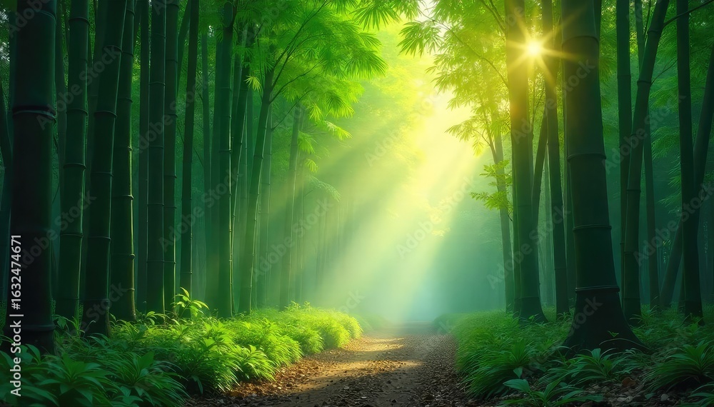 Fototapeta premium Serene bamboo forest bathed in the soft light of dawn, mist clinging to the lush green foliage A tranquil scene evoking peace and natural beauty , organic, quiet