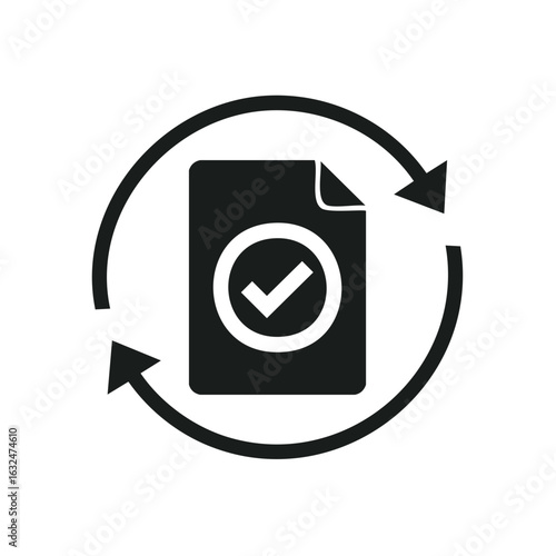Circular arrows around document with check mark, approval, confirmation, and validation.