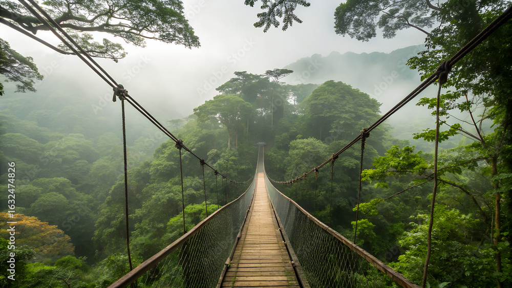 Obraz premium Pedestrian suspension bridge suspended over tropical forest valley