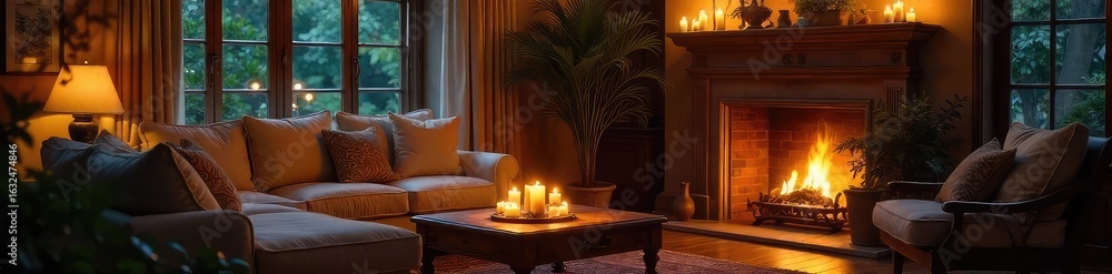 Fototapeta premium Warm, inviting living room bathed in the soft glow of candlelight Cozy atmosphere, perfect for relaxation and tranquility Elegant home d?cor details visible , cozy, warm