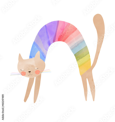 Rainbow Arch Kitty. Cute Children’s Vector Illustration Of A Rainbow-colored Cat With An Arched Back, Set Against A White Background. Funny Print For Cat Lovers. Nursery Art Perfect For Kids’ Decor.