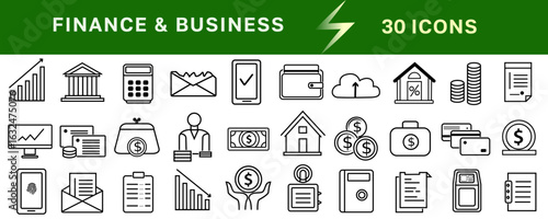 Collection of financial and business icons in minimalistic line art style with monochromatic colors and clean lines for digital use on transparent background