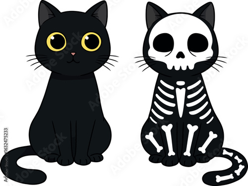 Cute halloween black cat skeleton cat duo