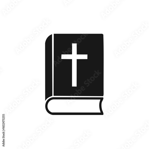 Black and white illustration of a book with a cross symbol on the cover.