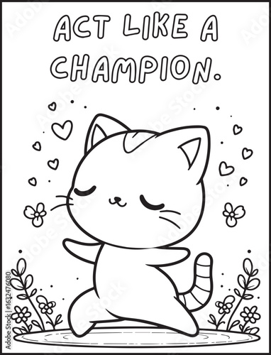 Animal-themed coloring page for kids and adults: Motivational quote to color: Cute cat doing a yoga pose