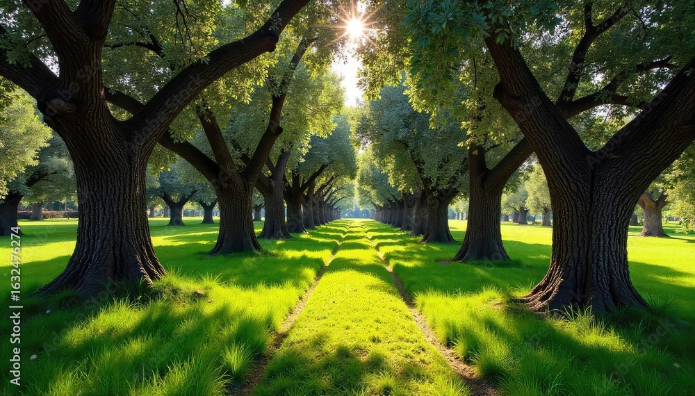 Naklejka premium Sun-dappled forest floor in Greece, ancient olive trees casting shadows, sunlight filtering through leaves, lush greenery, tranquil scene , lush, texture, summer