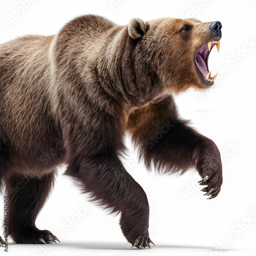 Grizzly Bear's Roar: A powerful grizzly bear, in striking detail, displays its impressive size and untamed wilderness with an open-mouthed roar, showcasing its formidable teeth.