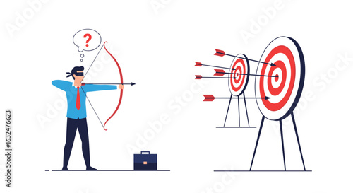 Blindfolded businessman aiming bow and arrow with question marks above head near targets missing the mark