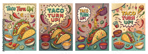 Set of four posters featuring tacos in vibrant comic book style with spices and sauces